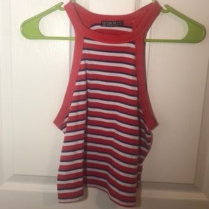 Red, blue and white stripped halter top